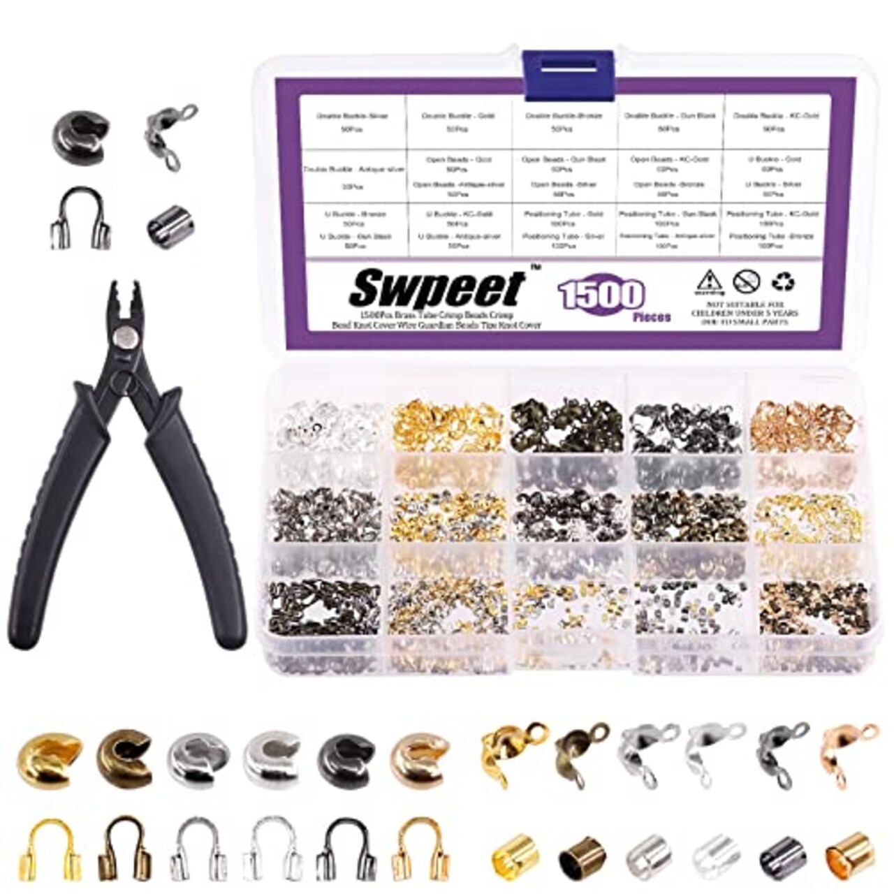 1501 Pieces 6 Colors 4 Styles Brass Tube Crimp Beads with Bead Crimping Pliers Kit, Including Brass Tube Crimp Beads & Crimp Beads Knot Covers & Wire Guardians & Iron Bead Tips Knot Covers